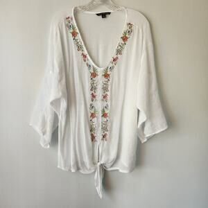 Zac & Rachel Woman Peasant Style Top 2X White Floral Embroidered Coastal Boho